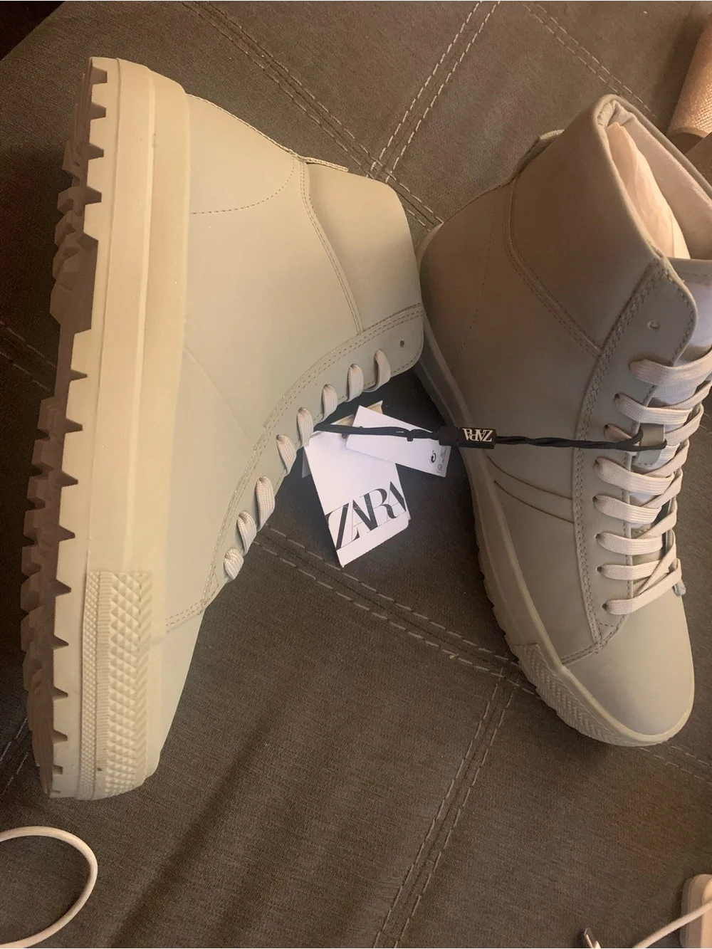 Zara Cream-Beige High Top Lace Sneakers